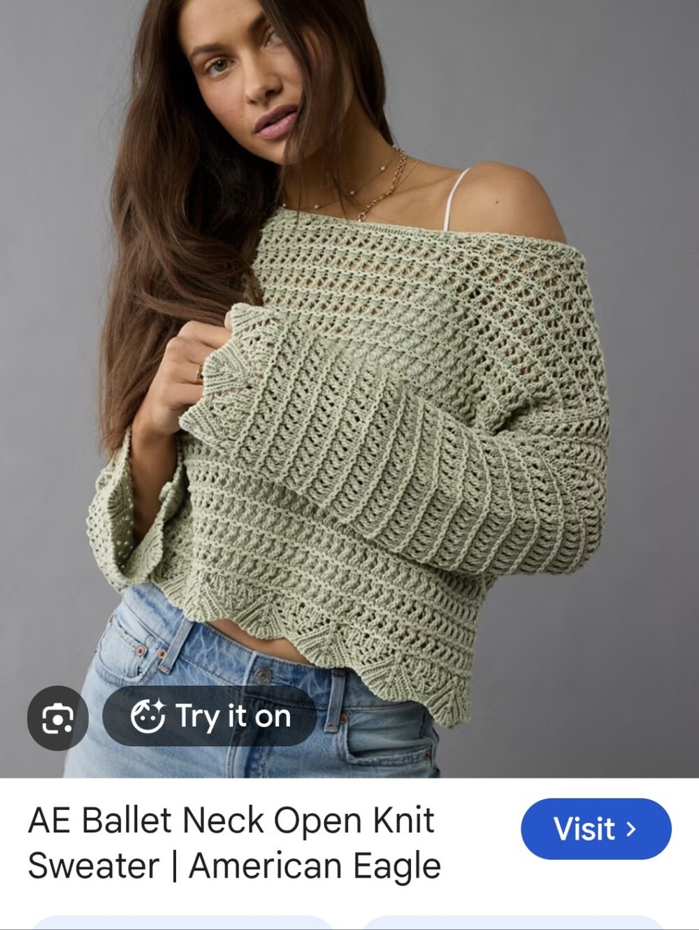 AE Ballet Neck Open Knit Sage Green Sweater With Scalloped Hems